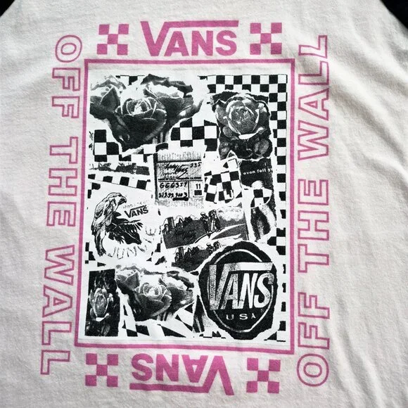 VANS Baseball Style Raglan Long Sleeve Tee White / Black / Pink Graphic Size M - Picture 6 of 14